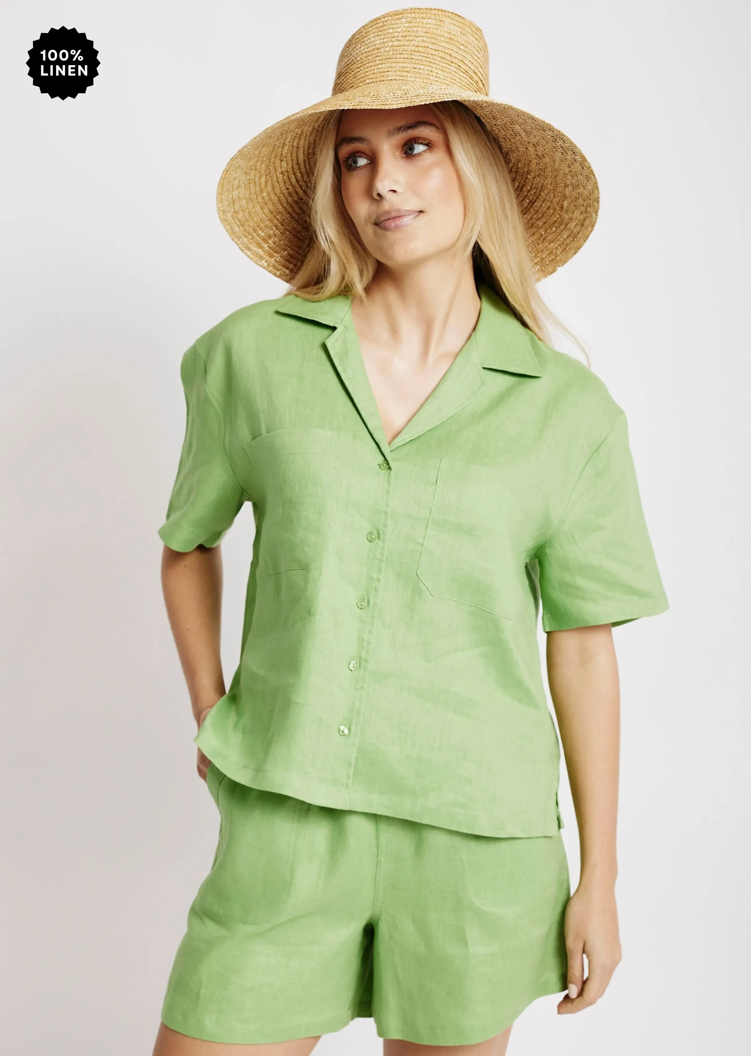 Revere Collar Linen Shirt in Avocado