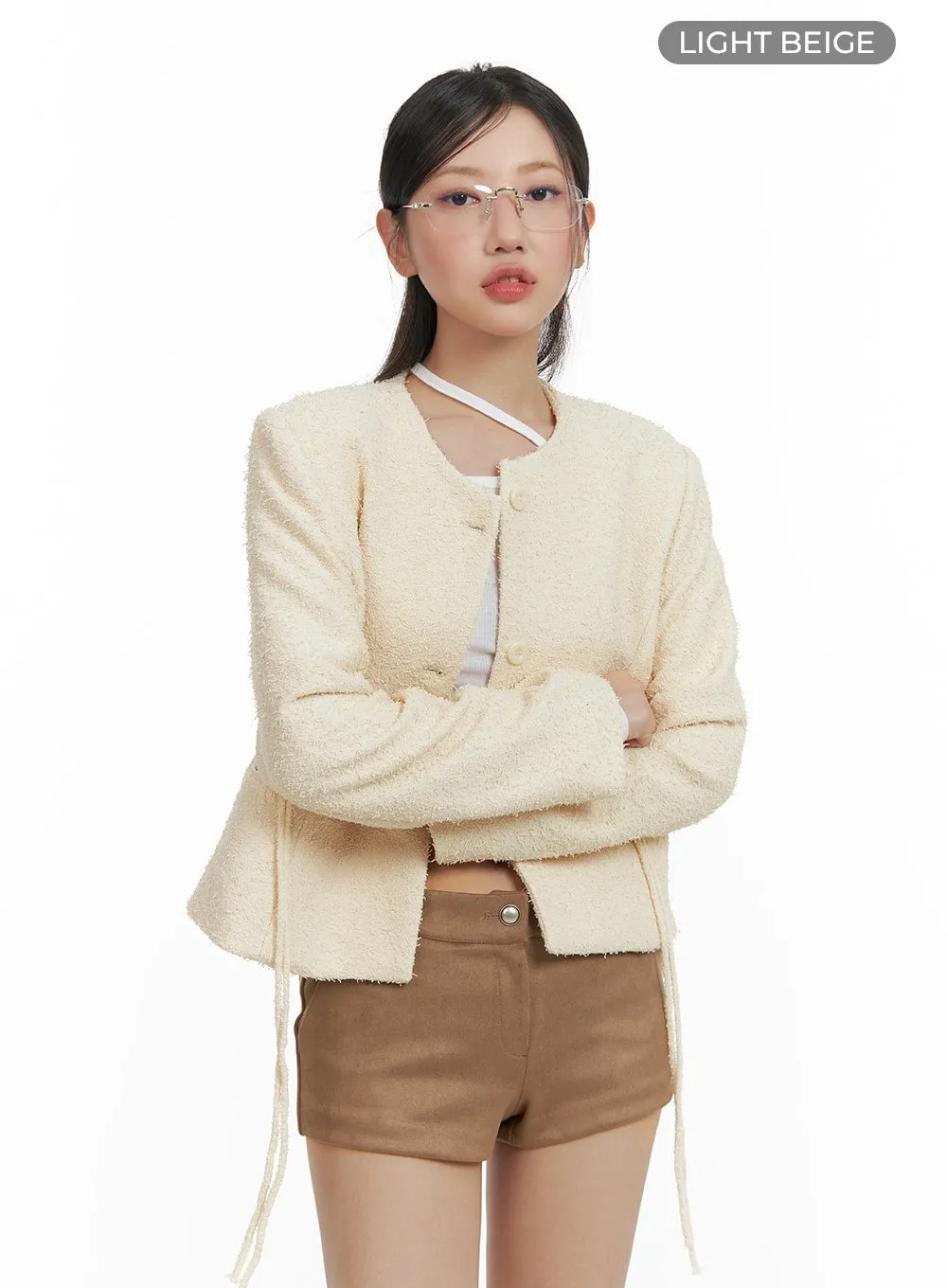 Round Neck Minimal Tweed Jacket CA409