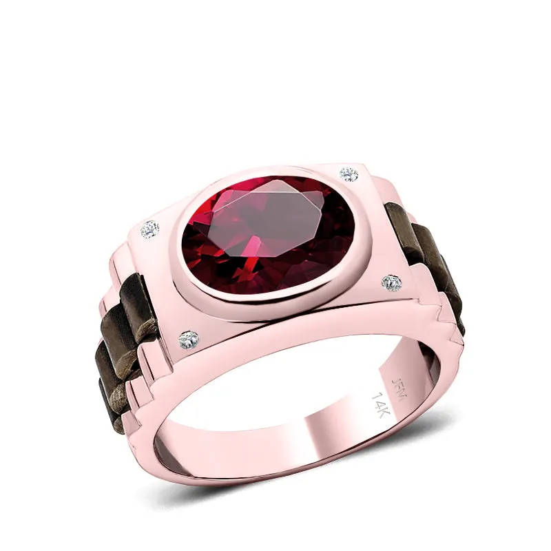 Ruby Men's Ring with Natural White Diamonds in 14K Rose Gold Anniversary Gift for Husband