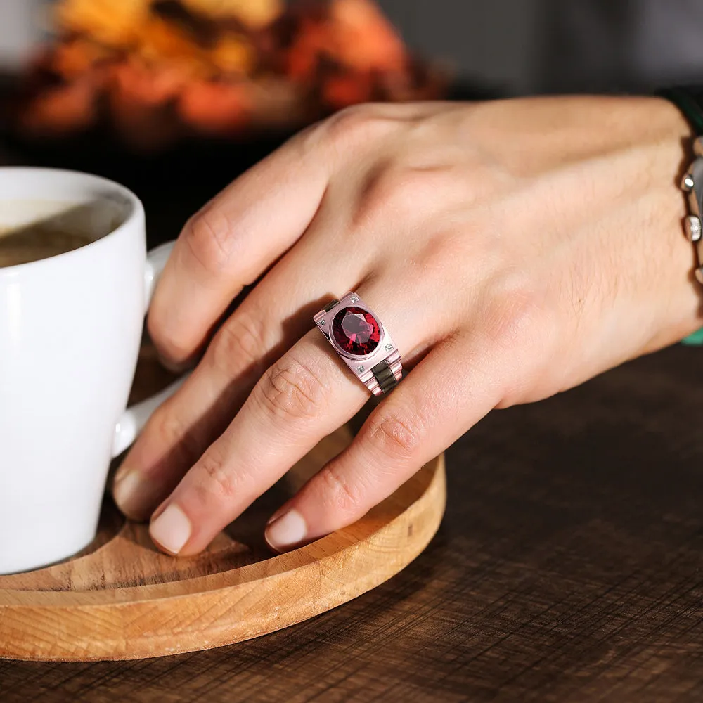 Ruby Men's Ring with Natural White Diamonds in 14K Rose Gold Anniversary Gift for Husband