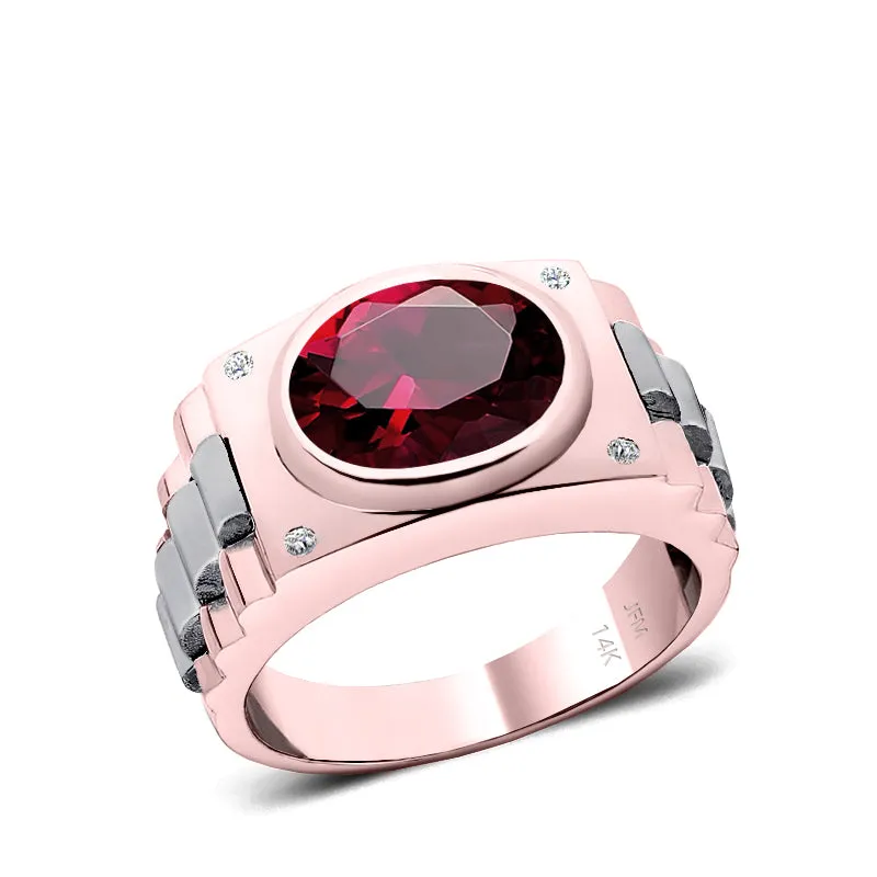 Ruby Men's Ring with Natural White Diamonds in 14K Rose Gold Anniversary Gift for Husband