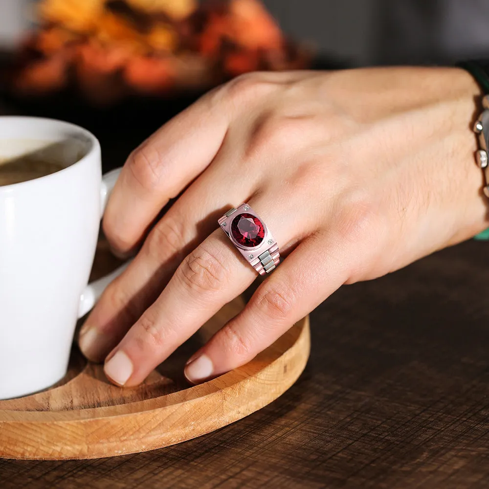 Ruby Men's Ring with Natural White Diamonds in 14K Rose Gold Anniversary Gift for Husband