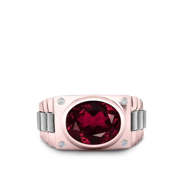 Ruby Men's Ring with Natural White Diamonds in 14K Rose Gold Anniversary Gift for Husband