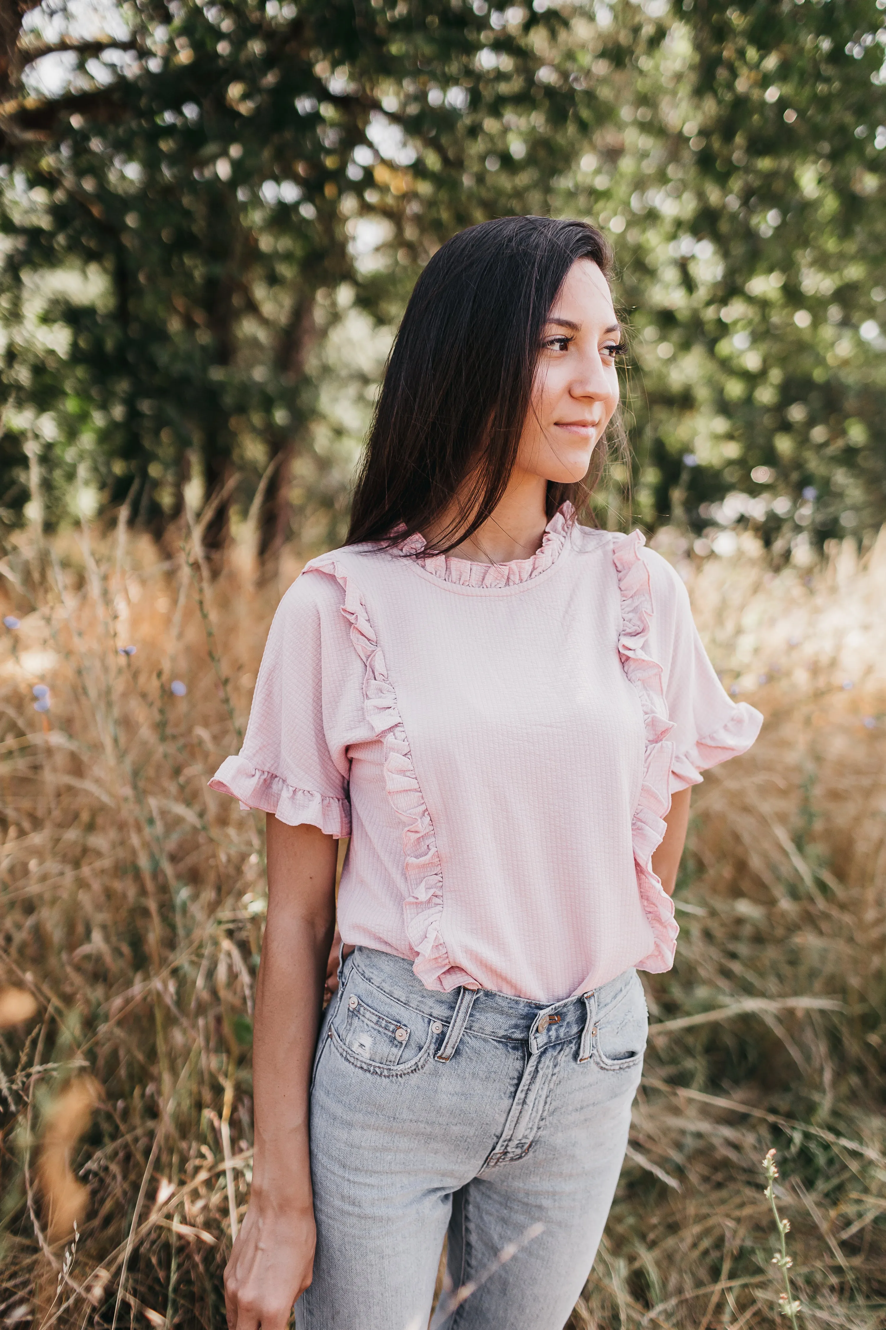 Ruffle Neck Tee in Dusty Pink