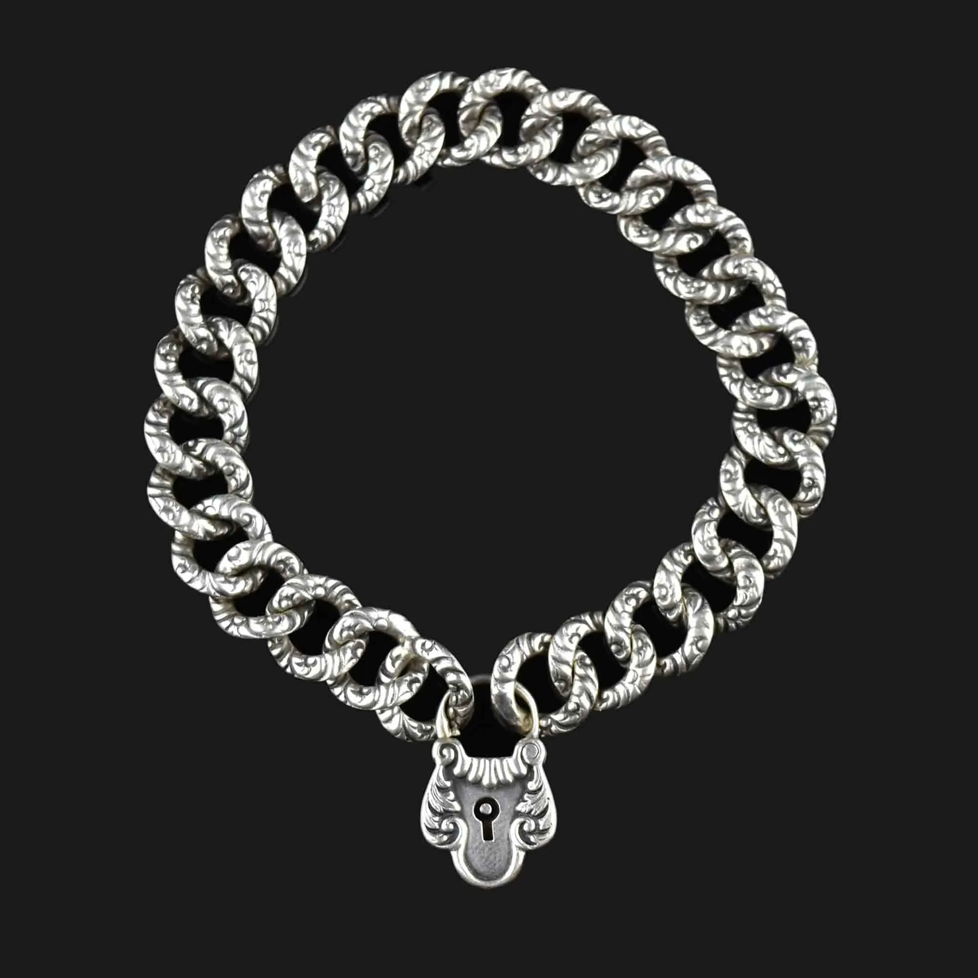 Silver Victorian Padlock Charm Fancy Curb Link Bracelet