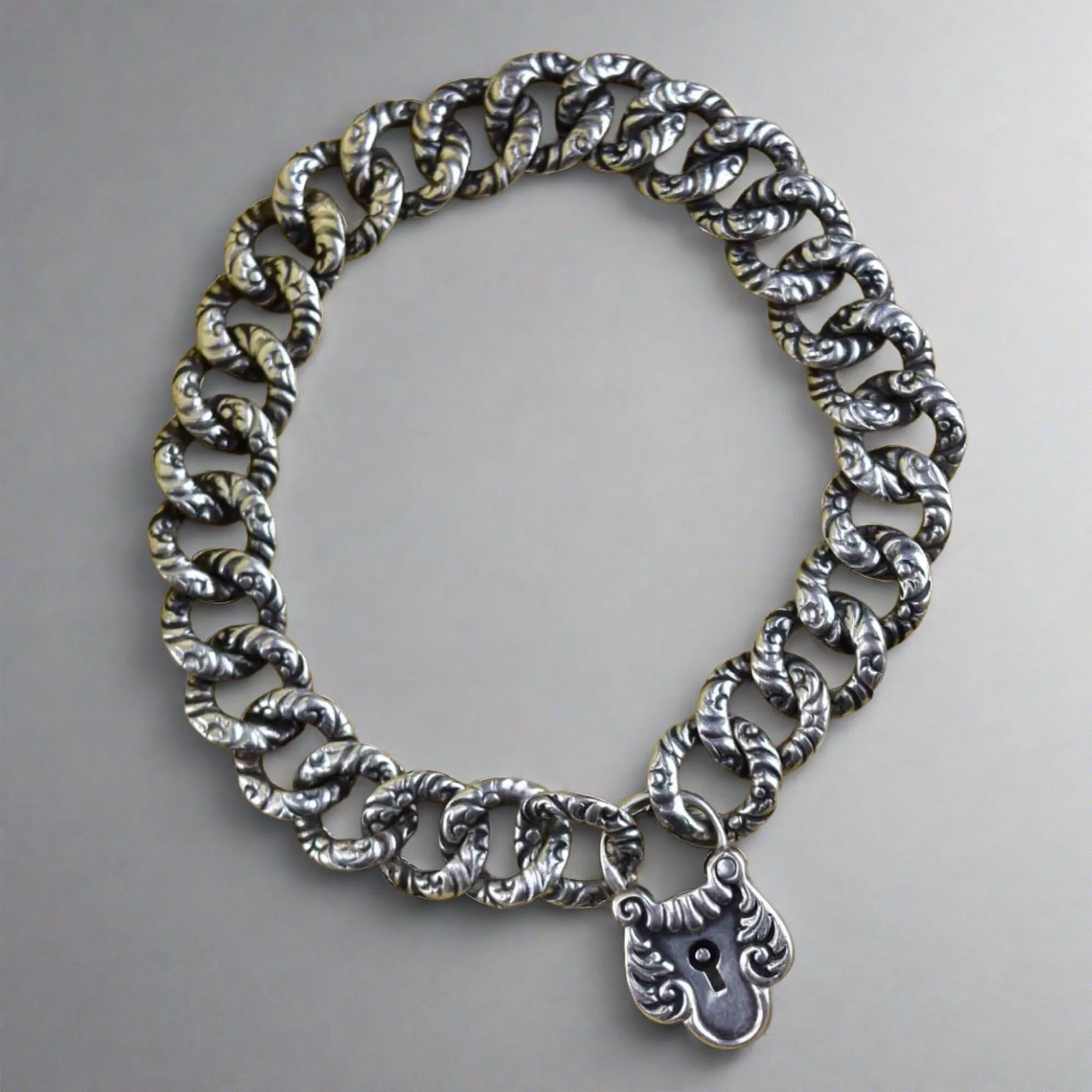 Silver Victorian Padlock Charm Fancy Curb Link Bracelet