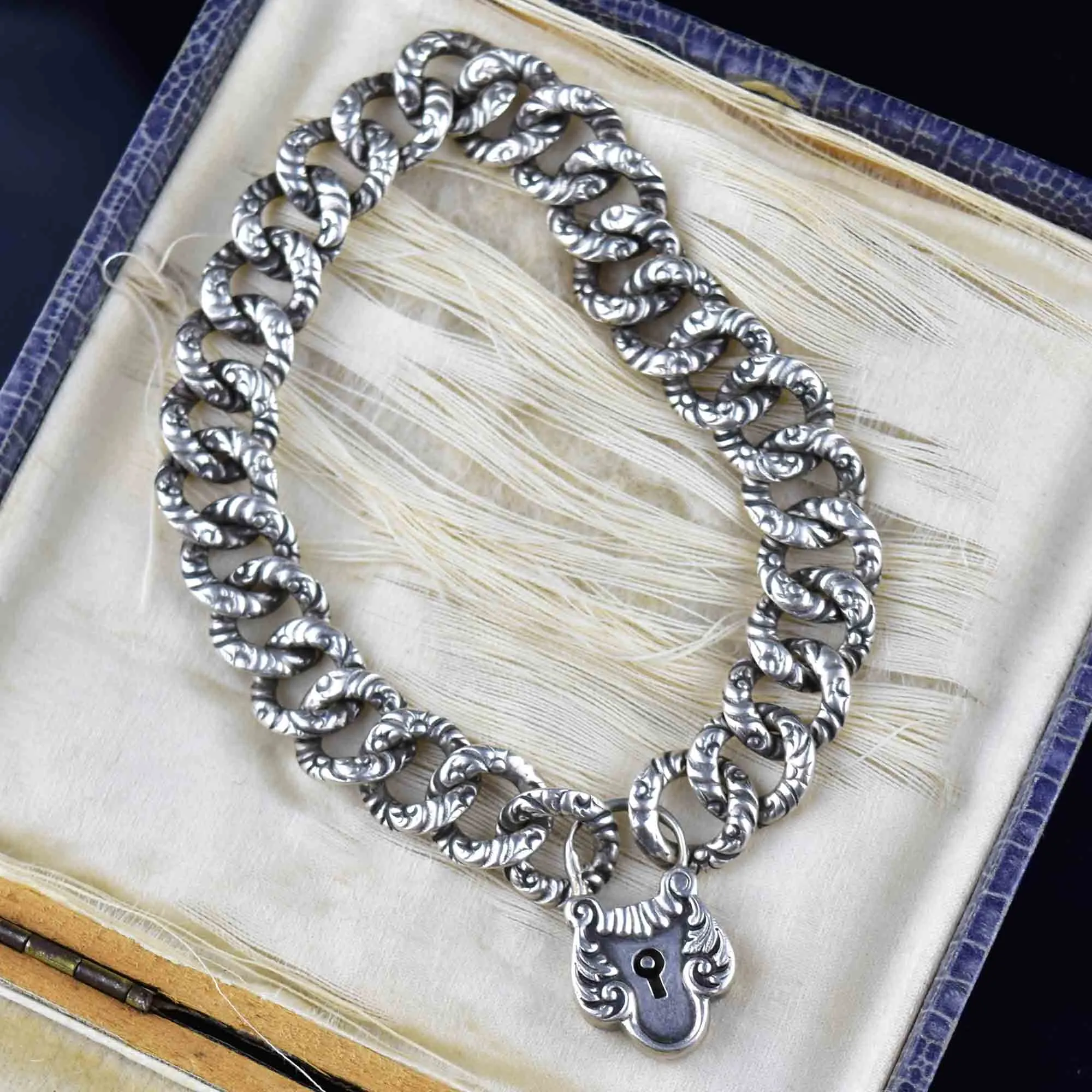 Silver Victorian Padlock Charm Fancy Curb Link Bracelet