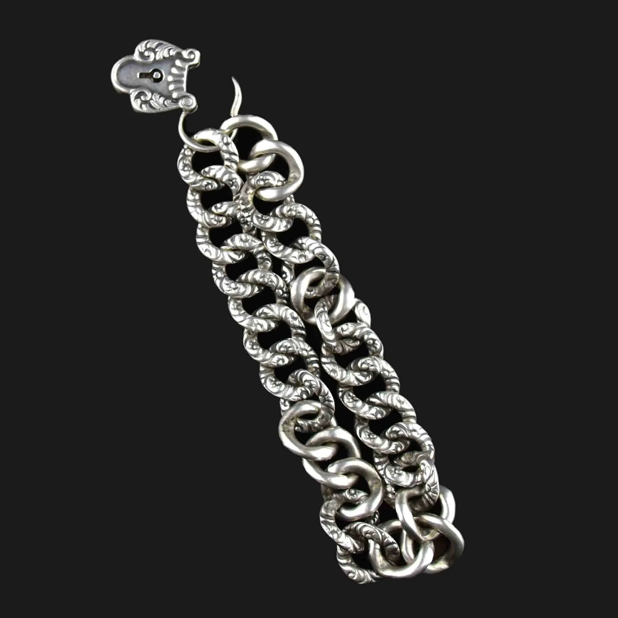 Silver Victorian Padlock Charm Fancy Curb Link Bracelet