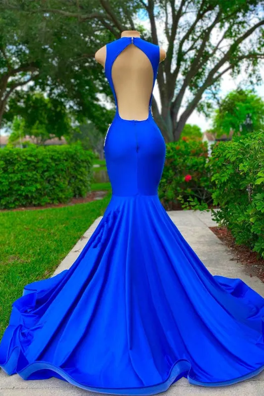 Sleeveless Royal Blue Mermaid Prom Dress with Sexy Cut Out Appliques - YL0100