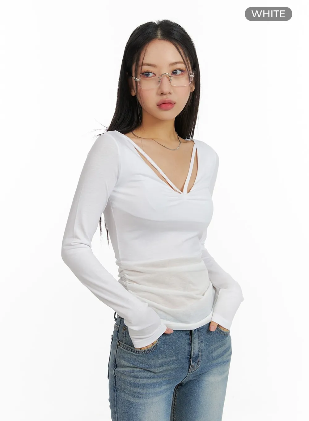 Slim Fit Shirred V-Neck Long Sleeve CM411