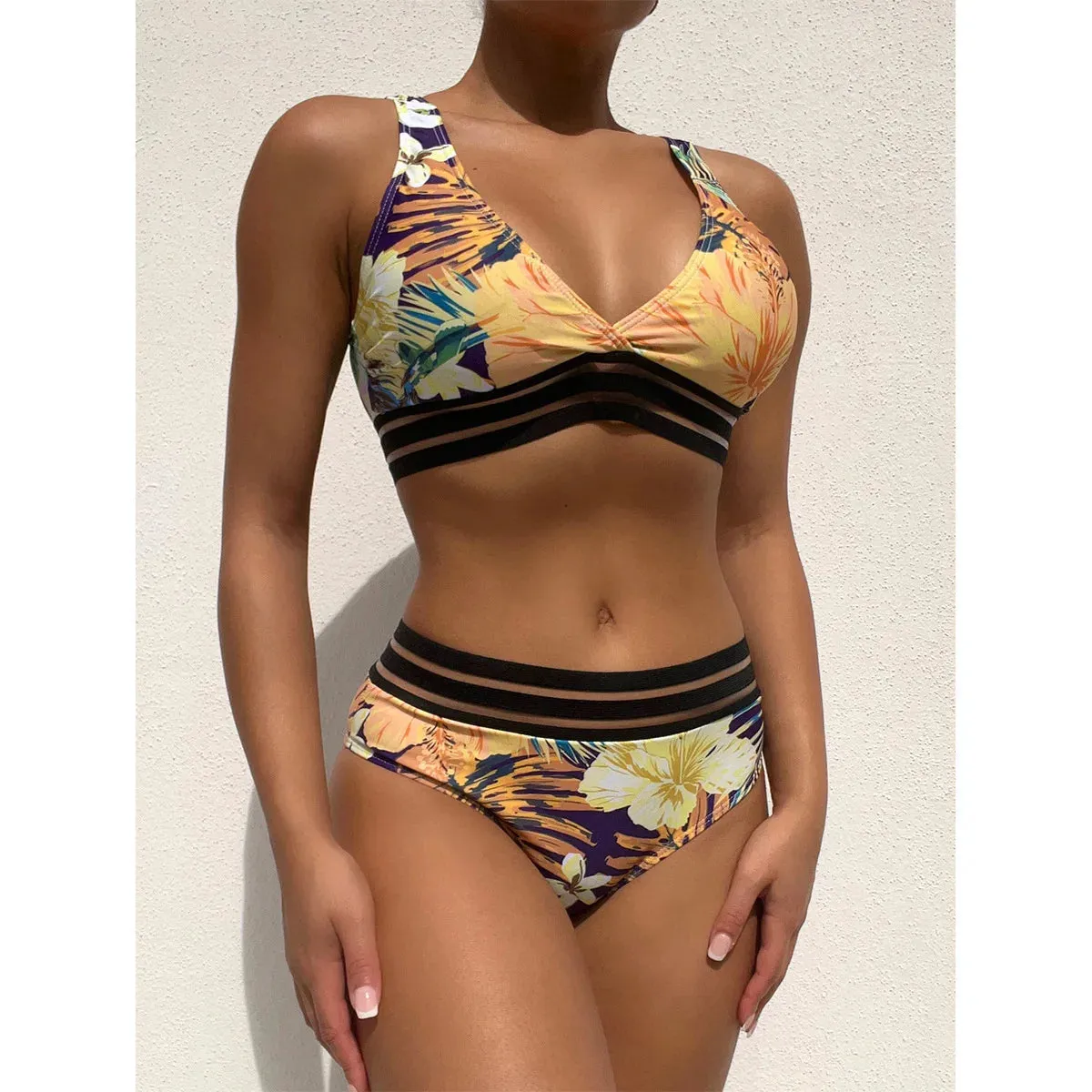 Sling V-neck Split  Webbing 2 Piece Bikini Sets