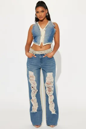 So Enticing Two Tone Ripped Straight Leg Jeans - Taupe/combo