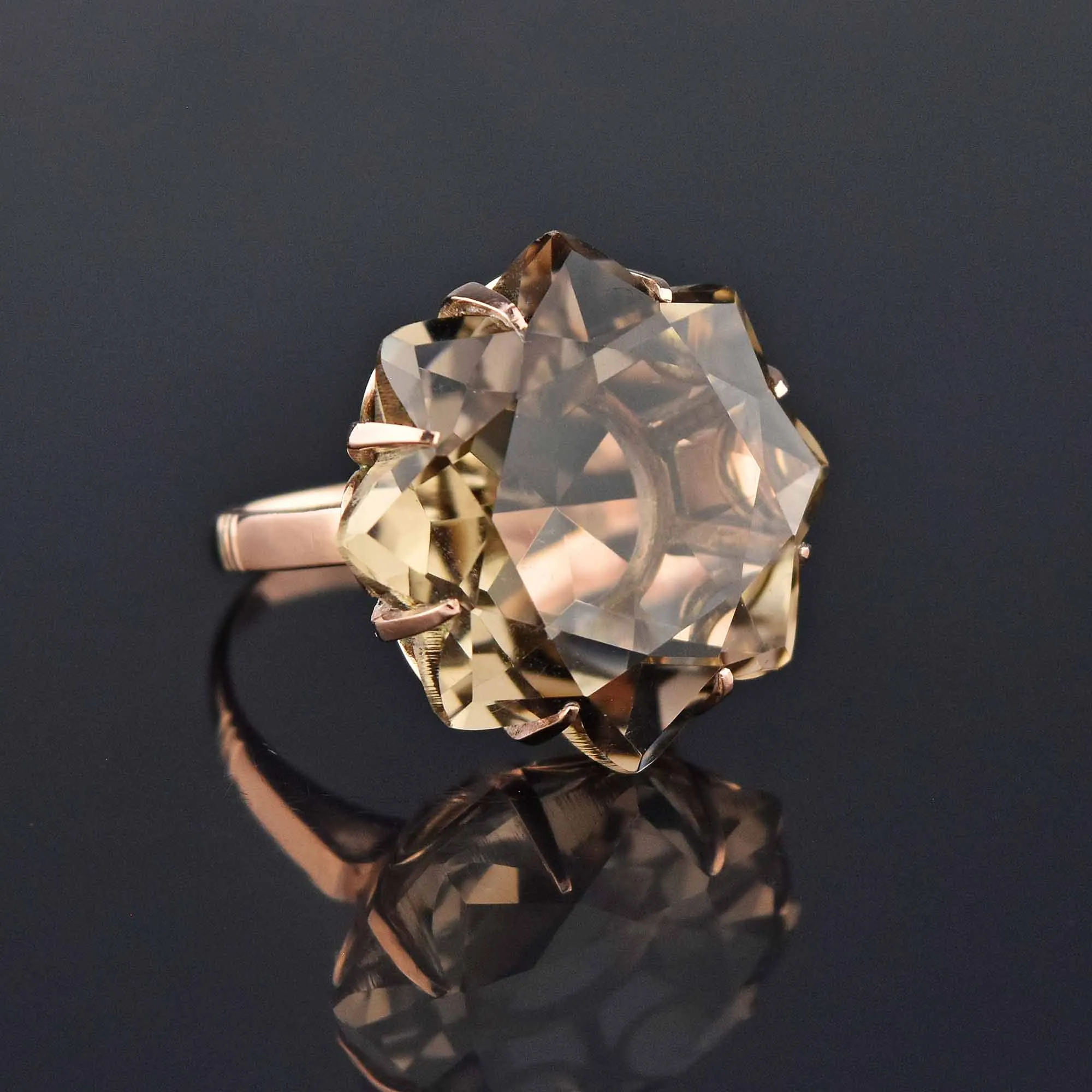 Specialty Cut 25 CTW Smoky Quartz Starburst 18K Gold Ring