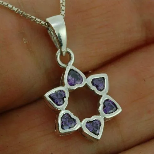 Star of David Pendant With Purple Gemstones   925 Sterling Silver Necklace