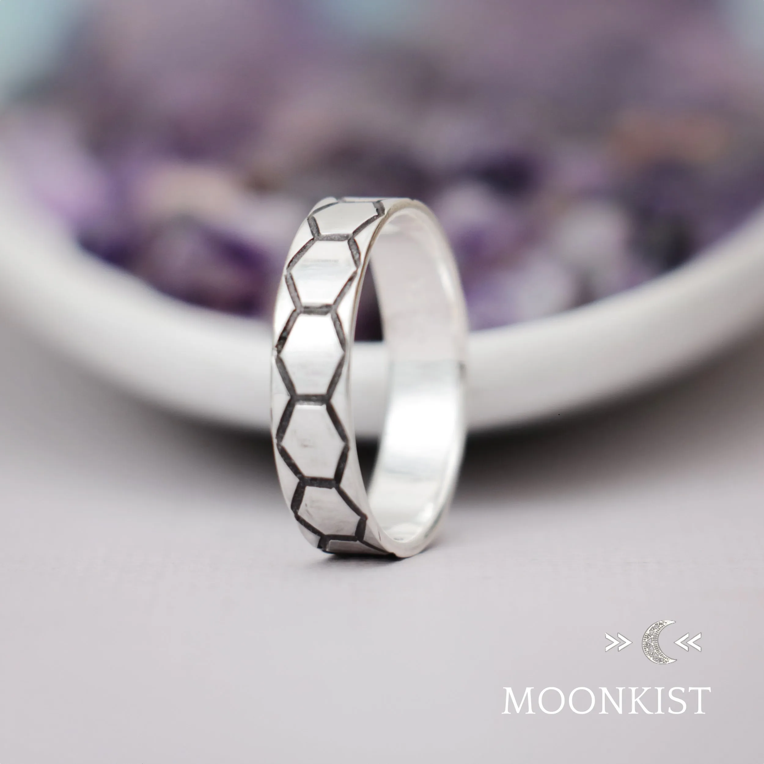 Sterling Silver Hexagon Wedding Band Ring Set | Moonkist Designs