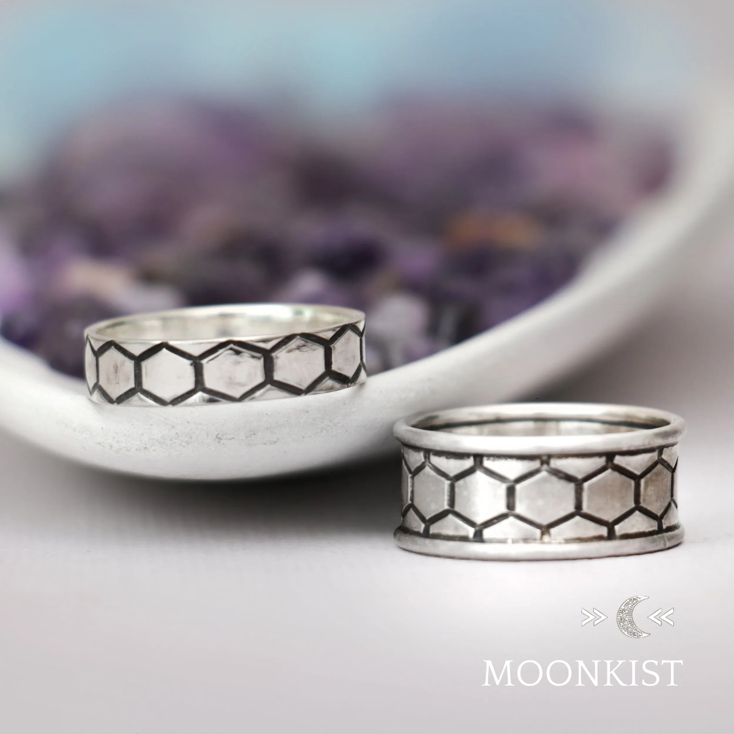 Sterling Silver Hexagon Wedding Band Ring Set | Moonkist Designs