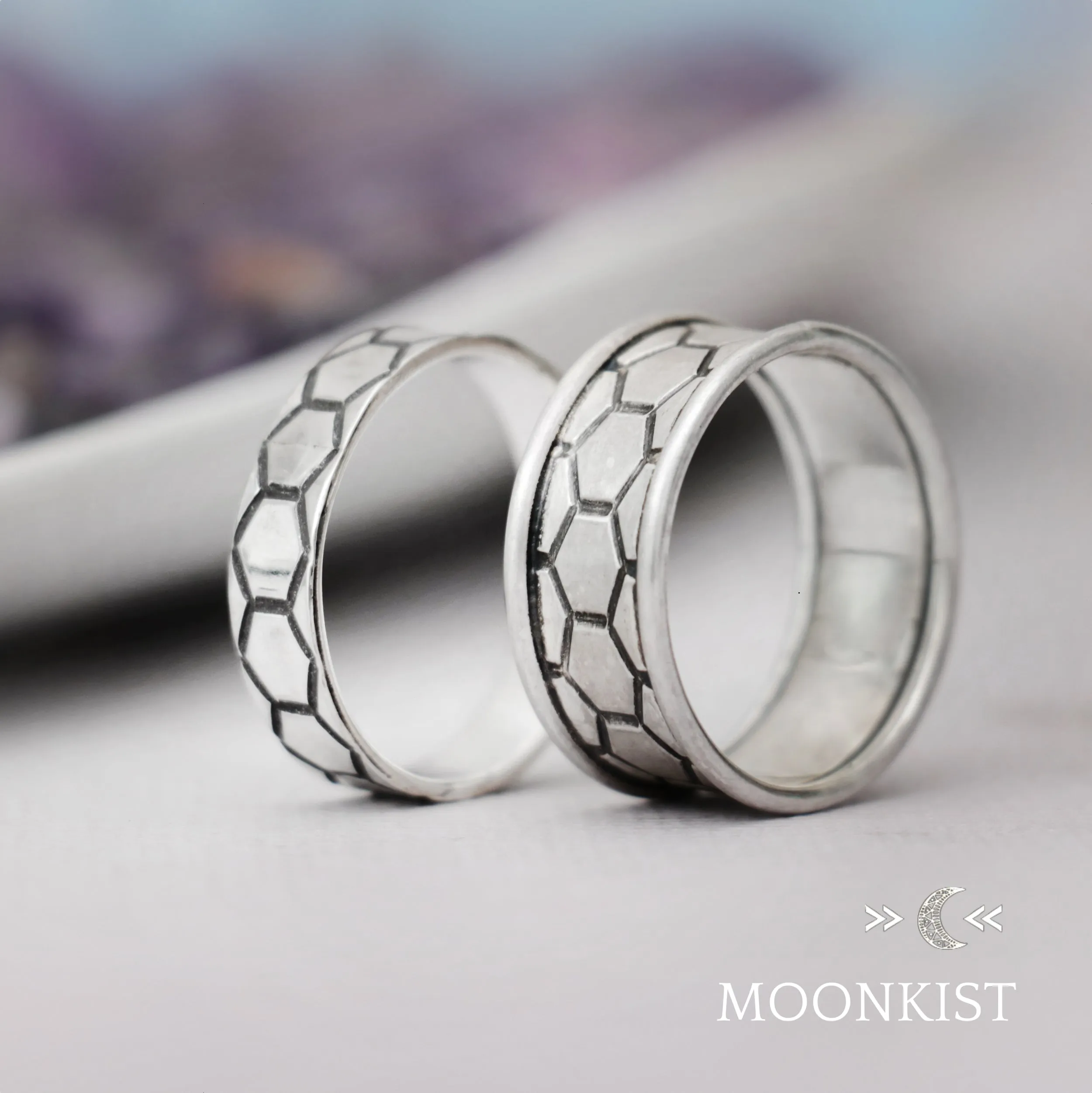 Sterling Silver Hexagon Wedding Band Ring Set | Moonkist Designs