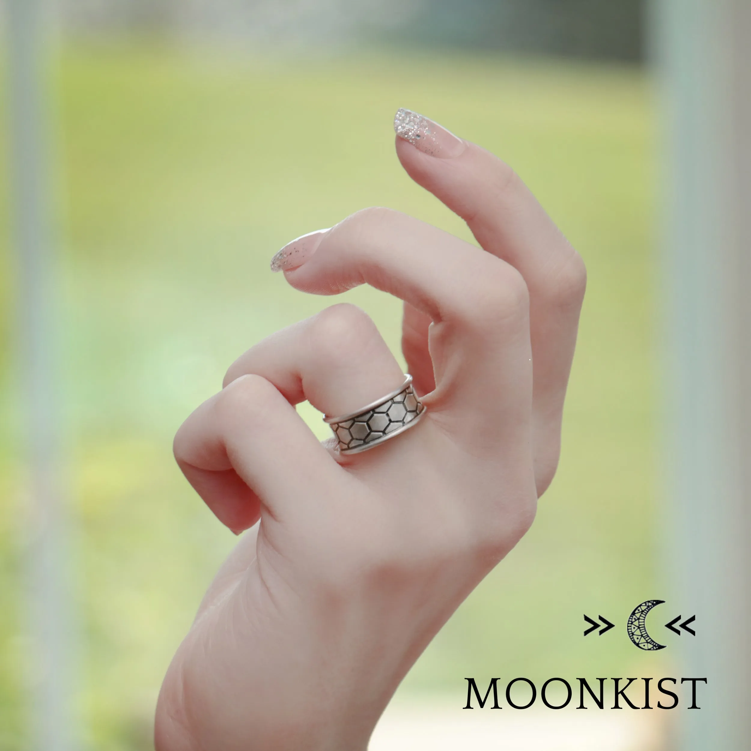 Sterling Silver Hexagon Wedding Band Ring Set | Moonkist Designs