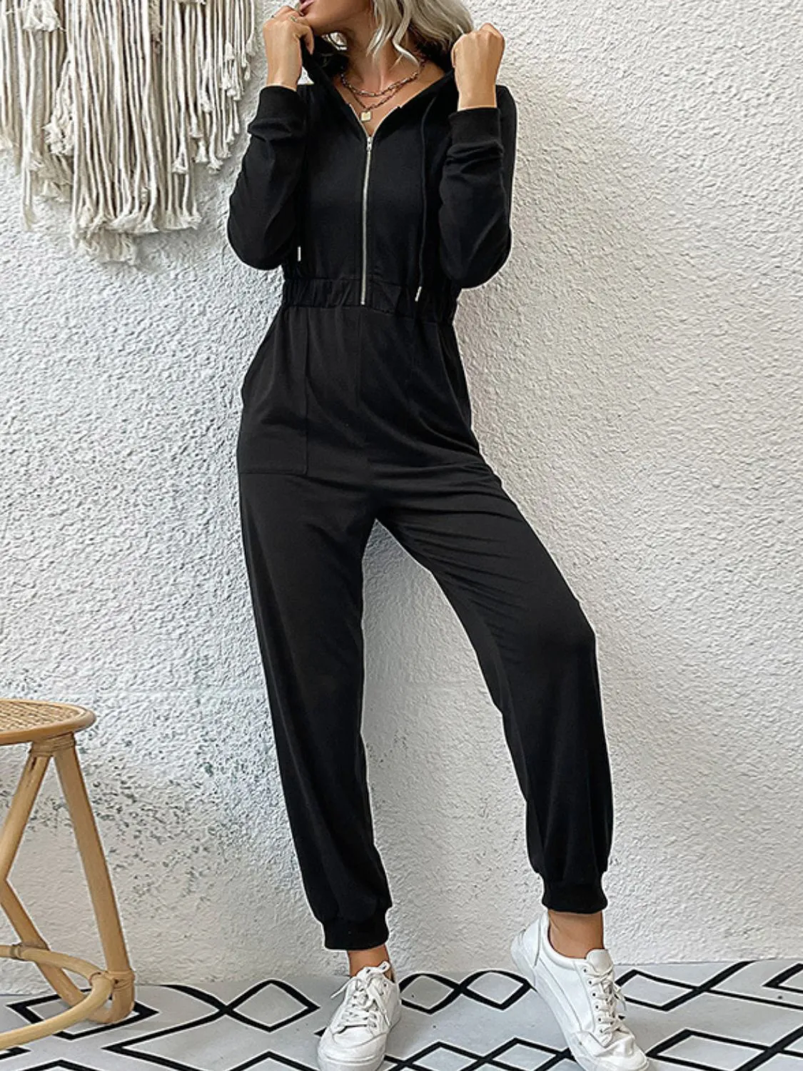 Sunset and Swim Zip Up Elastic Waist Hooded Jogger Jumpsuit