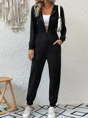 Sunset and Swim Zip Up Elastic Waist Hooded Jogger Jumpsuit