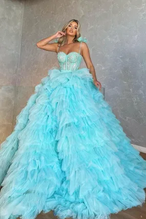 Sweetheart Ball Gown Tulle Prom Dress With Appliques Layer featuring Spaghetti Straps