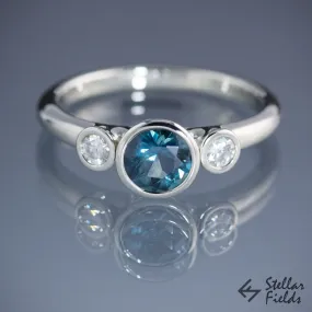 Teal Montana Sapphire Bezel Engagement Ring Three Stone Ring Canadian Diamonds