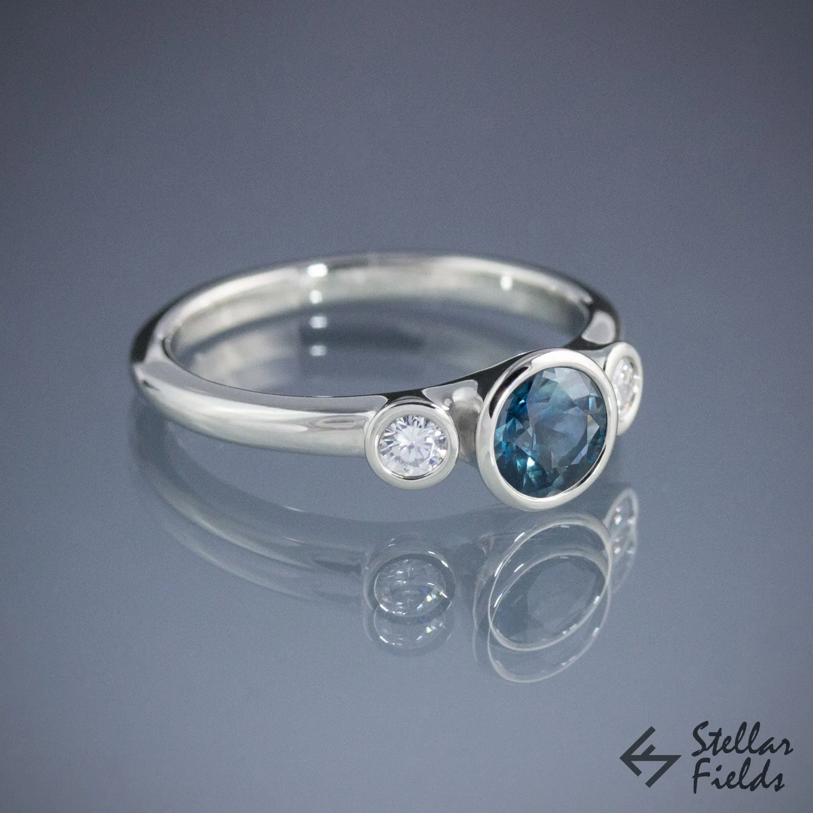 Teal Montana Sapphire Bezel Engagement Ring Three Stone Ring Canadian Diamonds