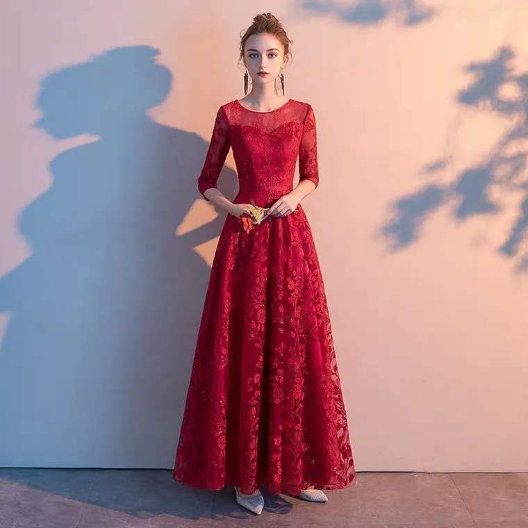 The Herientta Red Long Sleeves Lace Gown