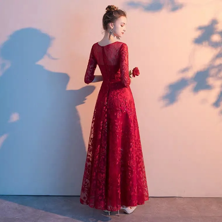 The Herientta Red Long Sleeves Lace Gown