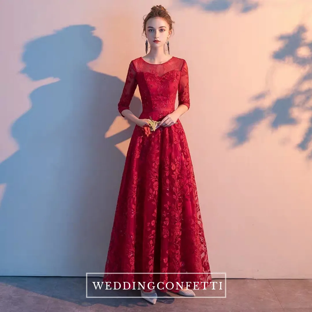 The Herientta Red Long Sleeves Lace Gown