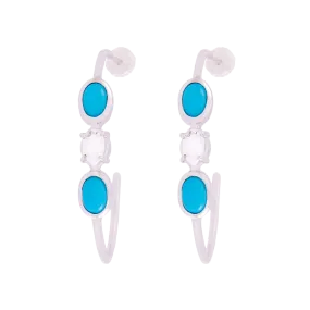 Three Stone Turquoise and Herkimer Quartz Hoop Earrings