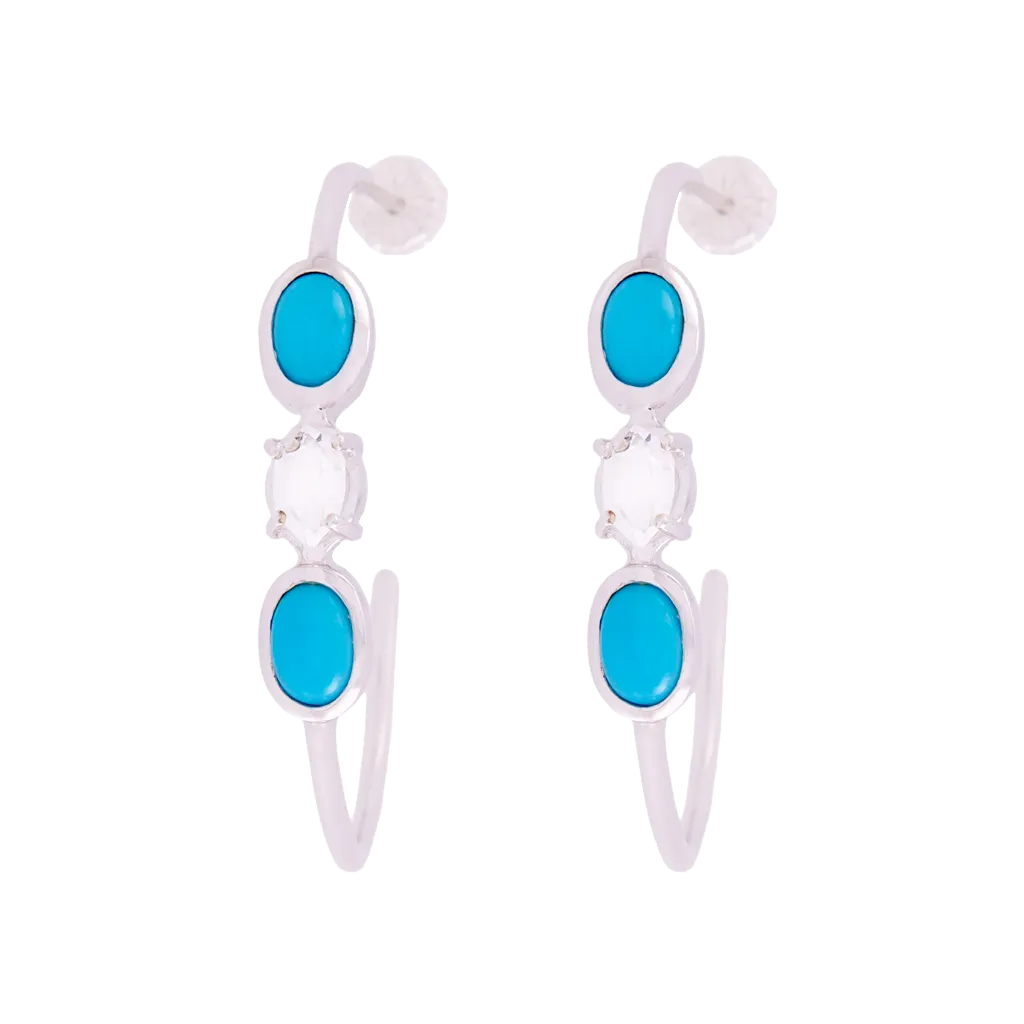 Three Stone Turquoise and Herkimer Quartz Hoop Earrings