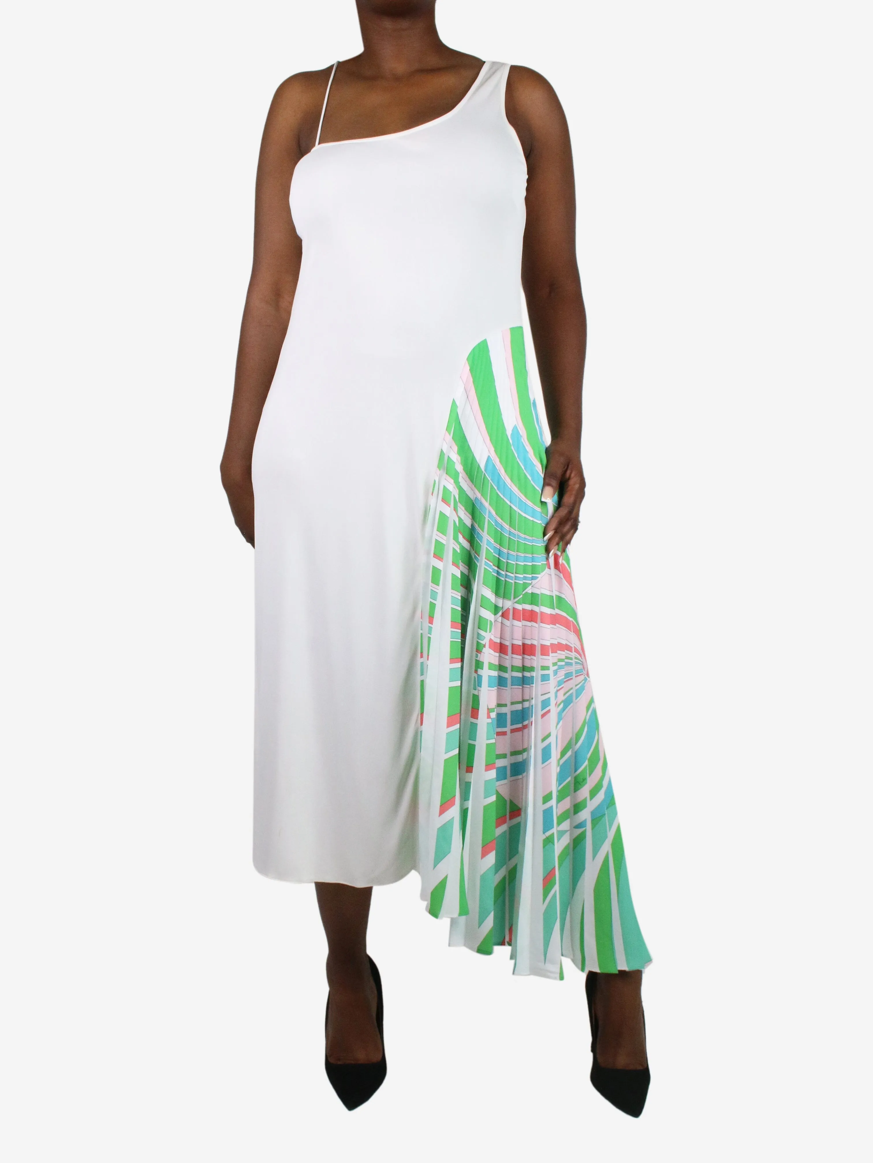 White asymmetric strap pleated midi dress - size UK 16